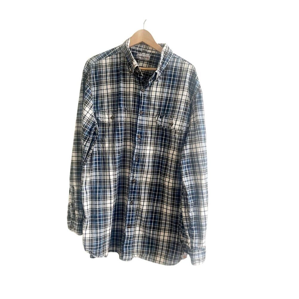 Carhartt Men’s Plaid Flannel Size XL Blue Black White Cotton Long Sleeve